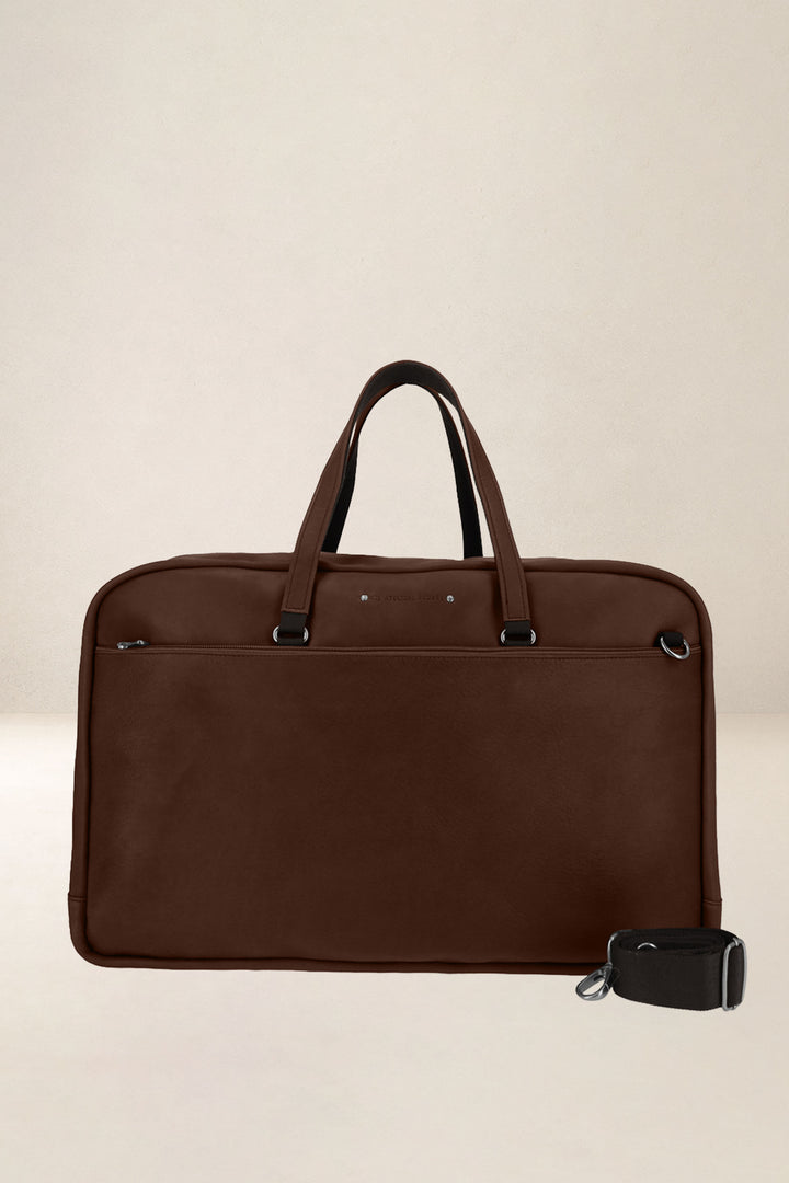 Sac de voyage en cuir pleine fleur ZEUS coloris cognac, vue de face – Ateliers Fourès
