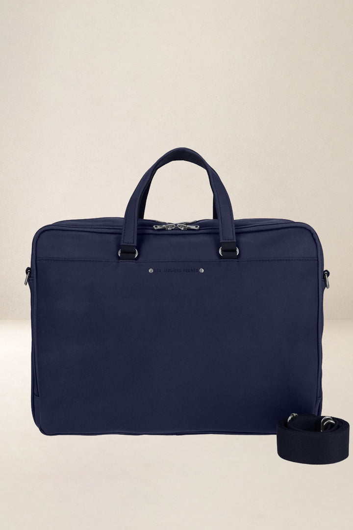 Sac de travail en cuir pleine fleur ITHAQUE coloris marine, vue d’ensemble – Ateliers Fourès