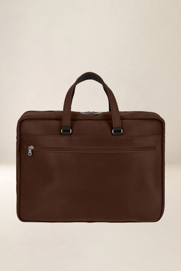 Sac de travail en cuir pleine fleur ITHAQUE coloris cognac, vue de dos – Ateliers Fourès
