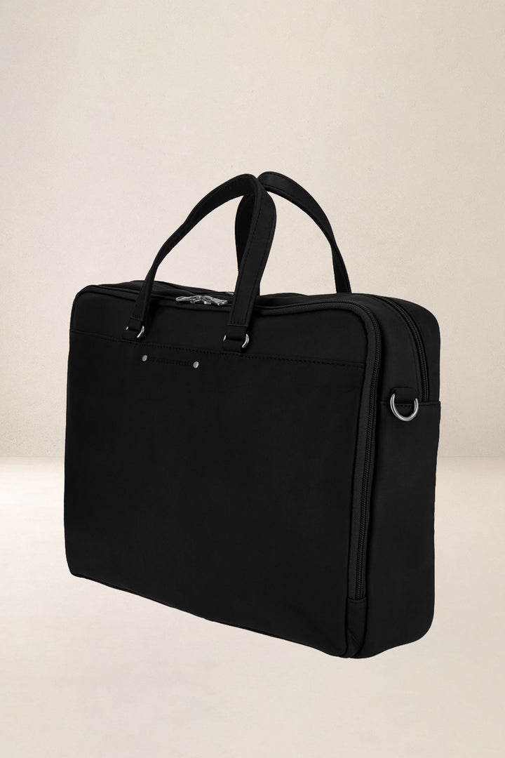 Sac de travail en cuir pleine fleur ITHAQUE coloris noir, vue de profil – Ateliers Fourès
