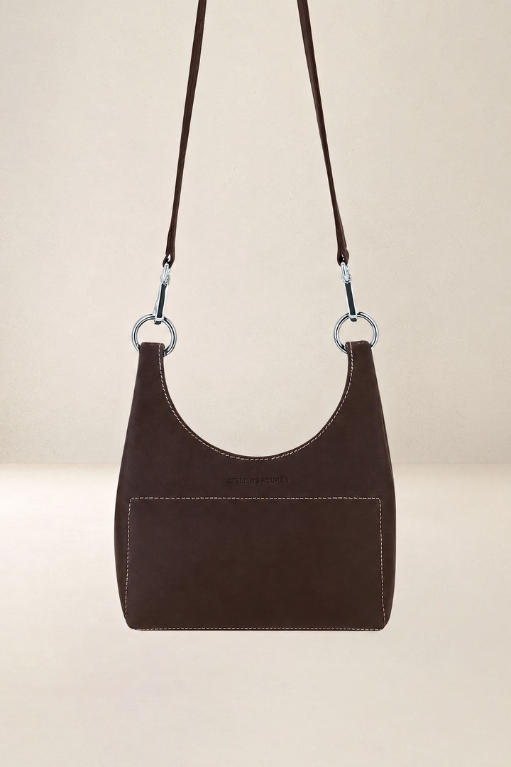 Mini sac en cuir pleine fleur AMAZONE coloris chocolat, vue d’ensemble – Ateliers Fourès