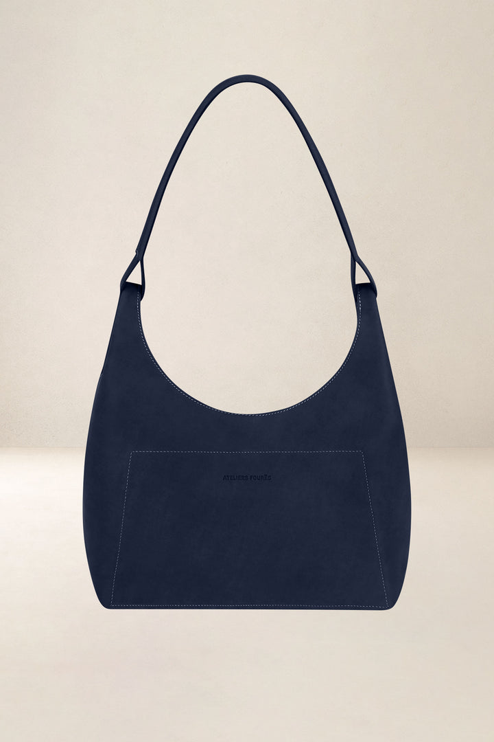Sac à main en cuir pleine fleur AMAZONE coloris minuit, vue de face – Ateliers Fourès