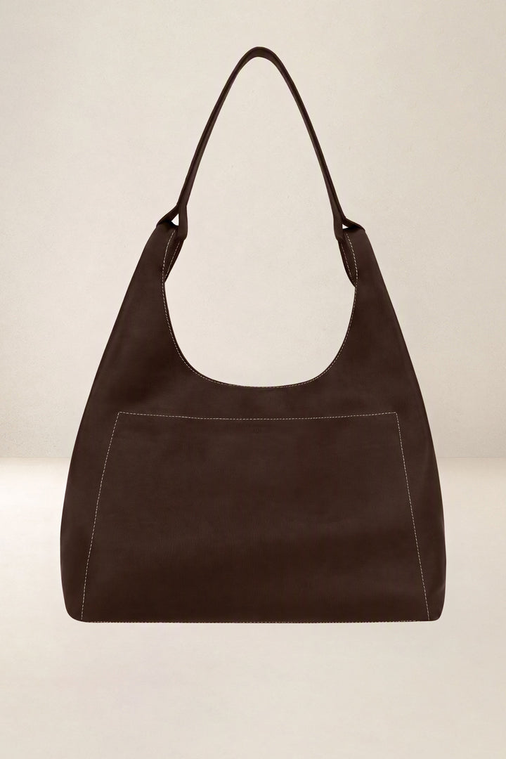 Grand sac cabas en cuir pleine fleur AMAZONE coloris chocolat, vue de face – Ateliers Fourès