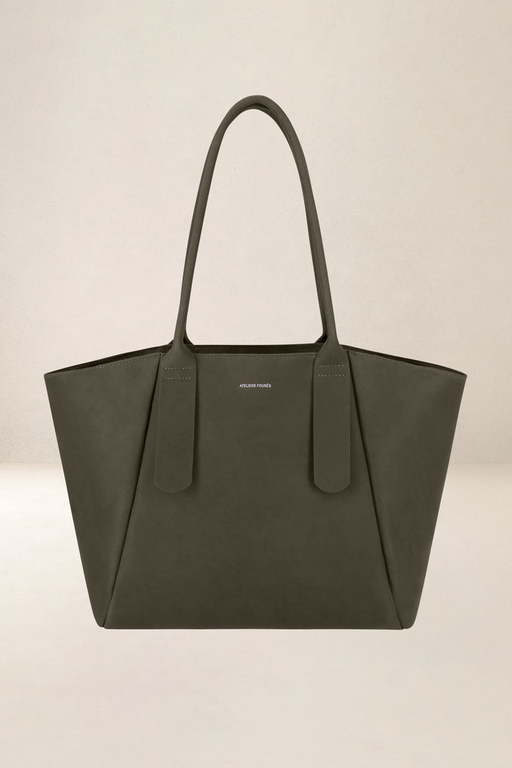 Sac de travail en cuir pleine fleur DÉMÉTER coloris kaki, vue d’ensemble – Ateliers Fourès