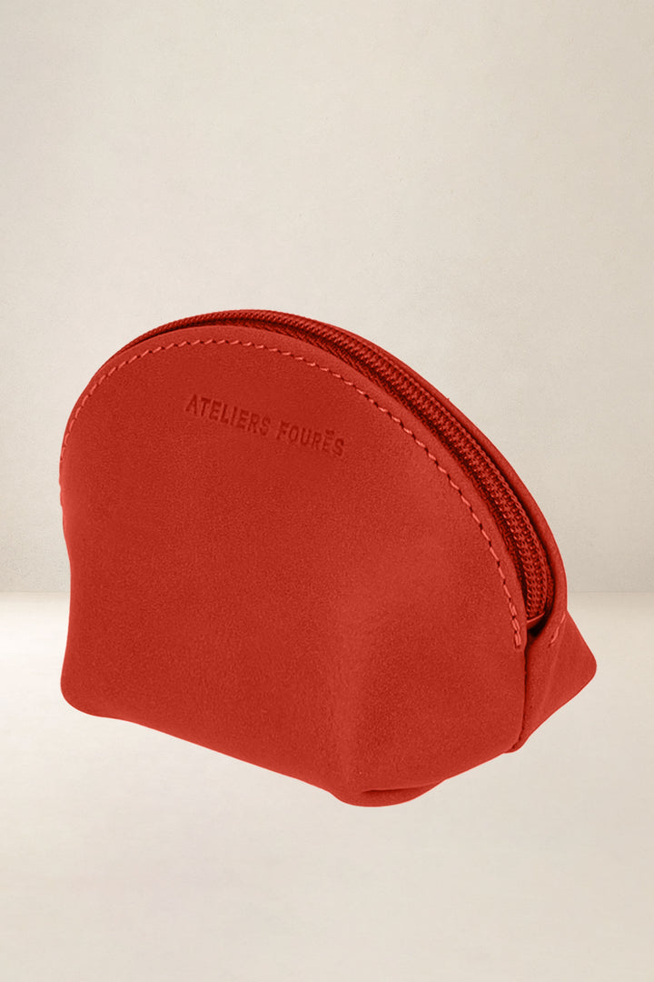 Porte-monnaie en cuir pleine fleur NYMPHE coloris orange confit, vue de profil – Ateliers Fourès