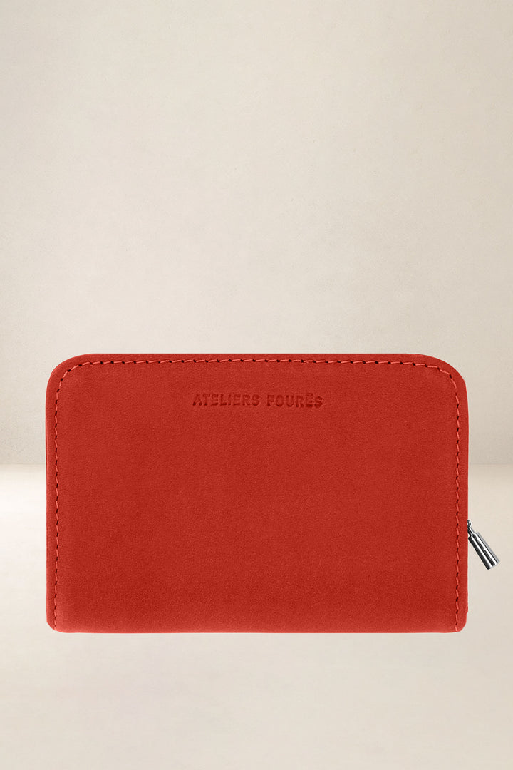 Portefeuille en cuir pleine fleur NÉRÉÏDES coloris orange confit, vue de face – Ateliers Fourès
