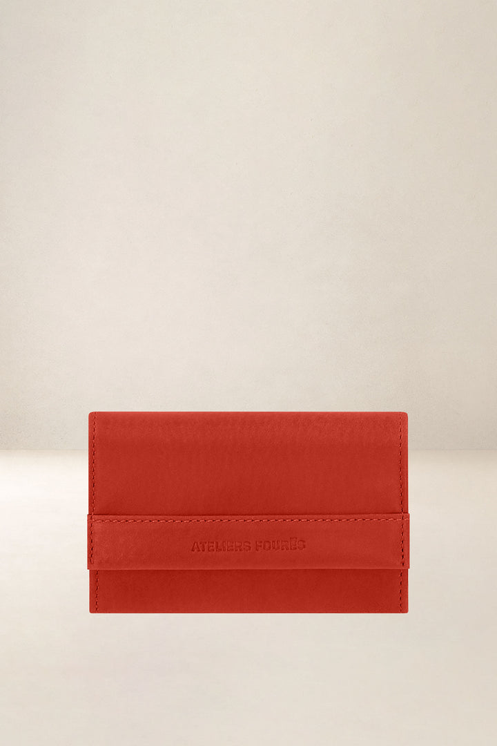 Portefeuille compact en cuir pleine fleur THÉMIS coloris orange confit, vue d’ensemble – Ateliers Fourès