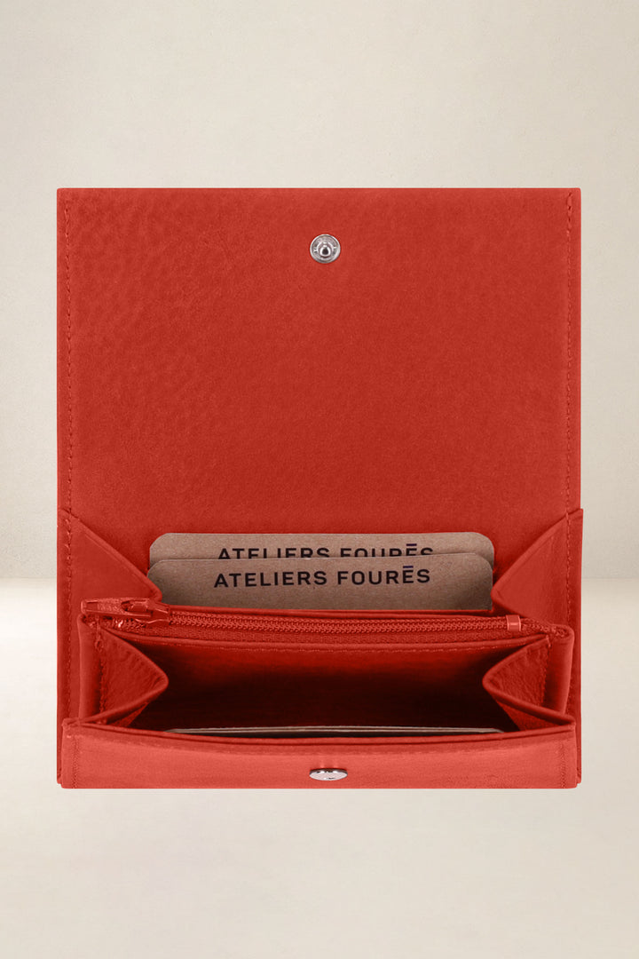 Portefeuille compact en cuir pleine fleur THÉMIS coloris orange confit, vue intérieure n°2 – Ateliers Fourès