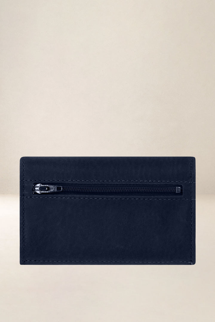 Portefeuille compact en cuir pleine fleur THÉMIS coloris minuit, vue de dos – Ateliers Fourès