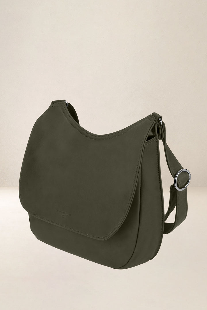 Sac à main en cuir pleine fleur ARTÉMIS coloris kaki, vue de profil – Ateliers Fourès