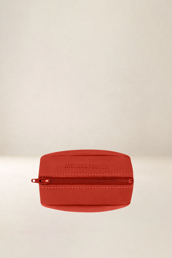 Porte-monnaie en cuir pleine fleur RHÉA coloris orange confit, vue d’ensemble – Ateliers Fourès