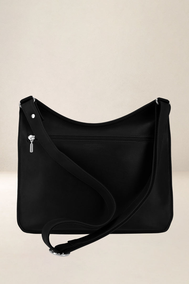 Sac à main en cuir pleine fleur ARTÉMIS coloris noir, vue de dos – Ateliers Fourès