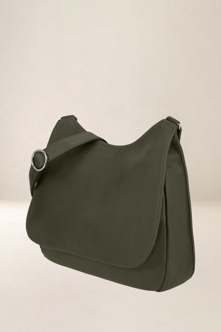 Sac à main en cuir pleine fleur ARTÉMIS coloris kaki, vue de profil – Ateliers Fourès