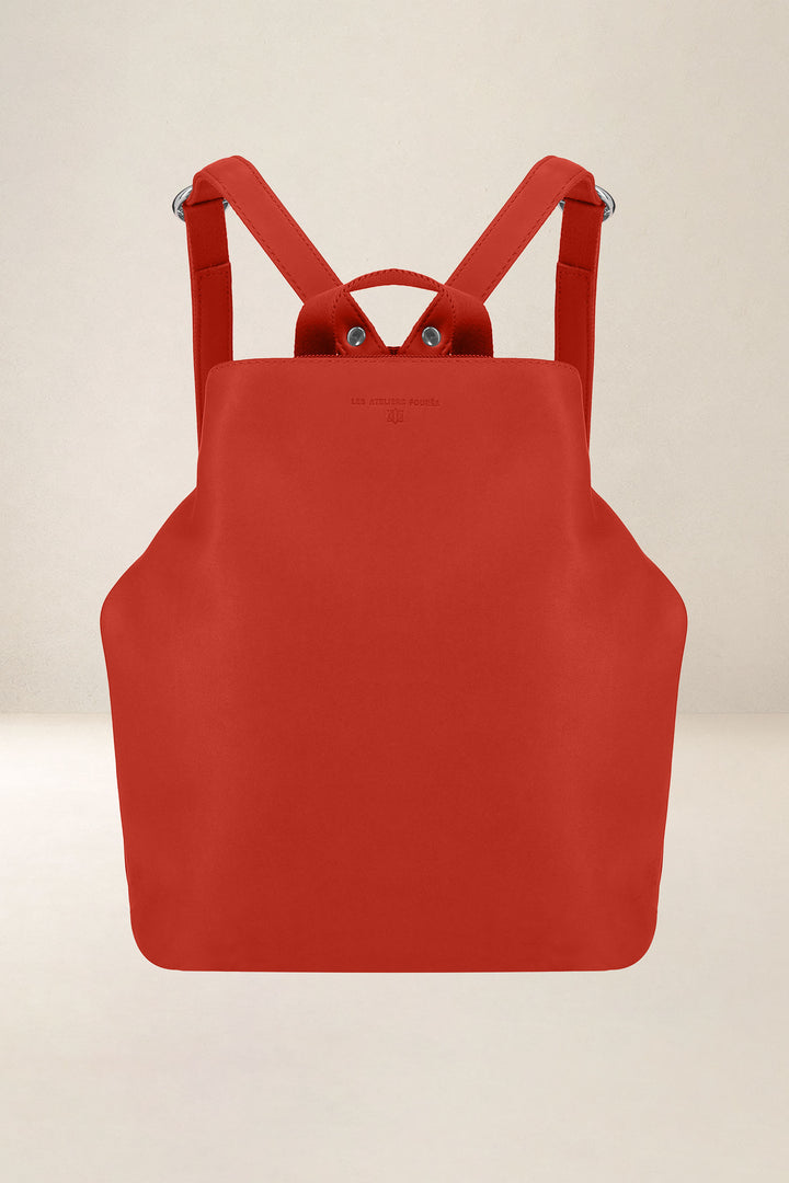 Sac à dos en cuir pleine fleur PSYCHÉ coloris orange confit, vue d’ensemble – Ateliers Fourès