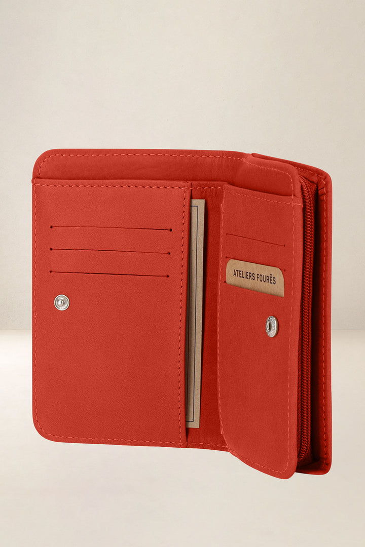 Portefeuille medium en cuir pleine fleur NÉRÉÏDES coloris orange confit, vue intérieure n°1 – Ateliers Fourès