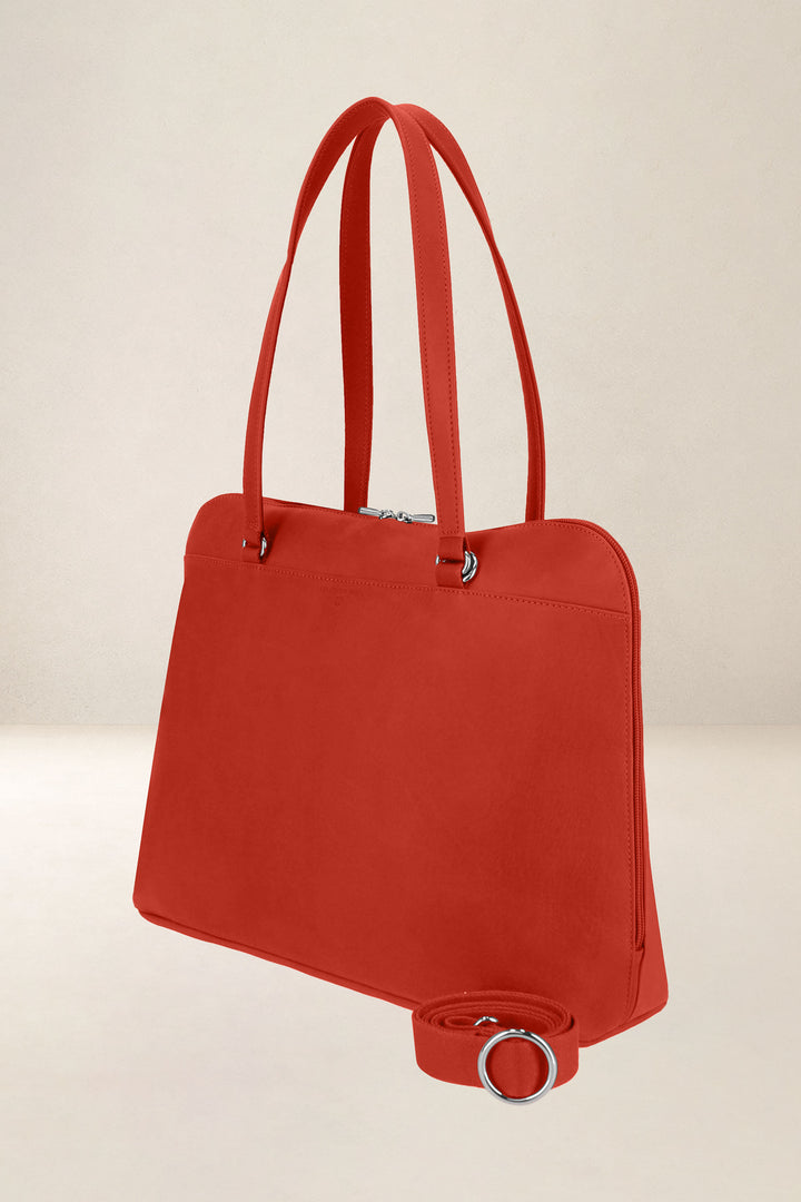 Sac de travail en cuir pleine fleur ANTIGONE coloris orange confit, vue de profil – Ateliers Fourès