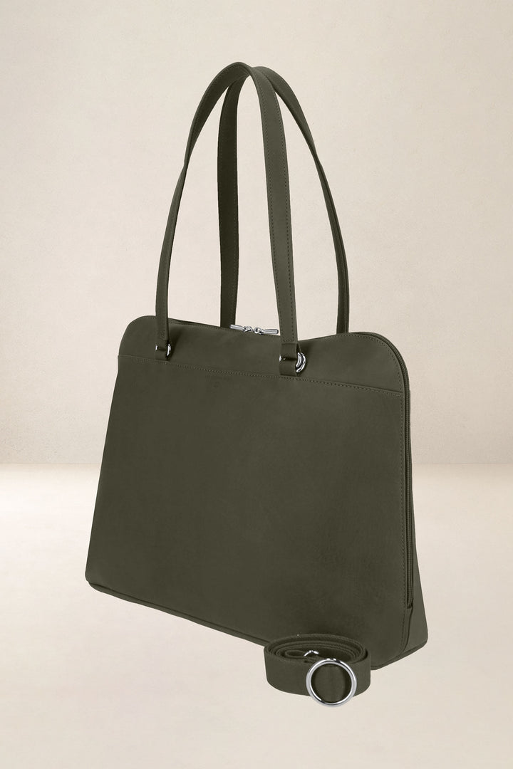 Sac de travail en cuir pleine fleur ANTIGONE coloris kaki, vue de profil – Ateliers Fourès