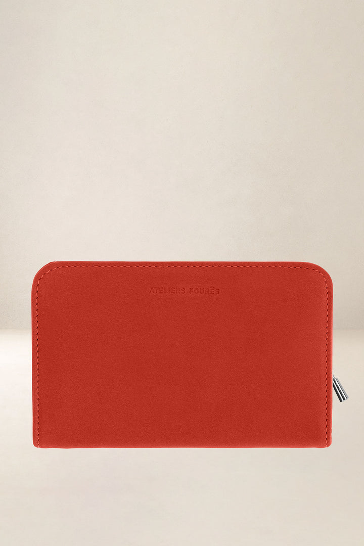 Grand portefeuille en cuir pleine fleur NÉRÉÏDES coloris orange confit, vue de face – Ateliers Fourès