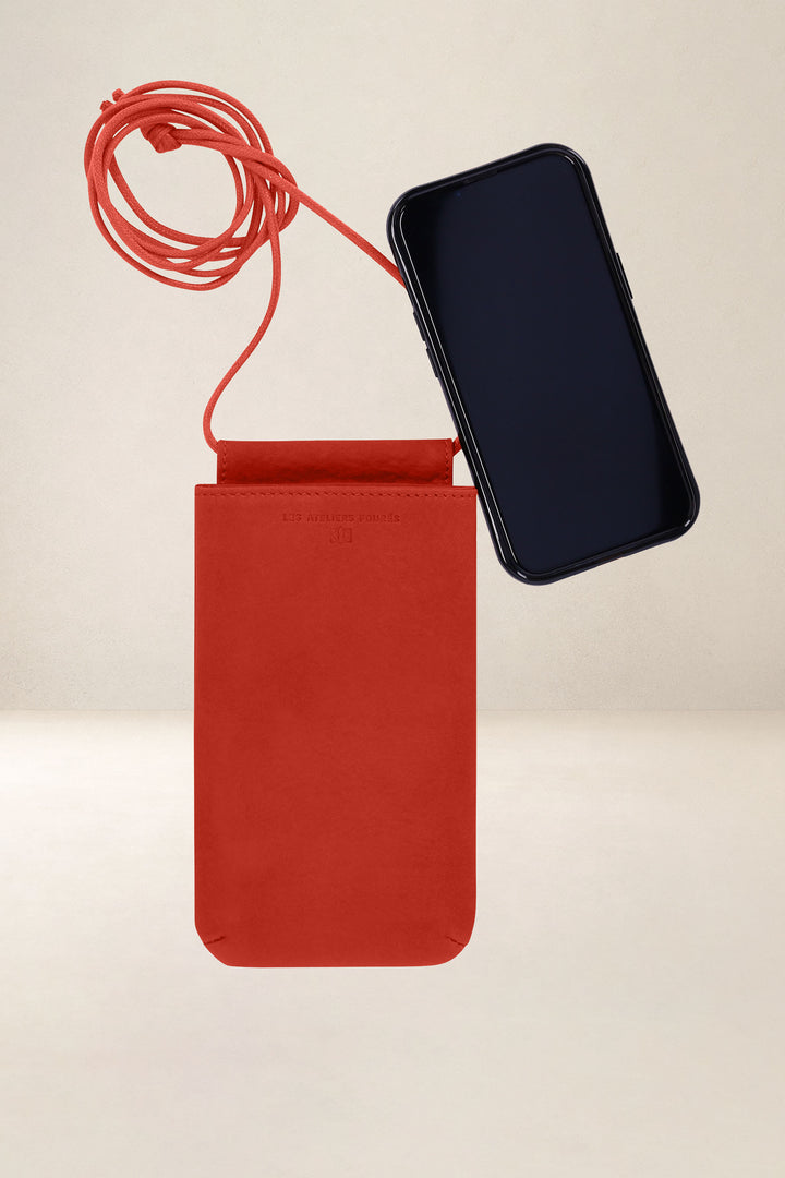 Porte-téléphone en cuir pleine fleur CIRCÉ coloris orange confit, vue intérieure n°1 – Ateliers Fourès