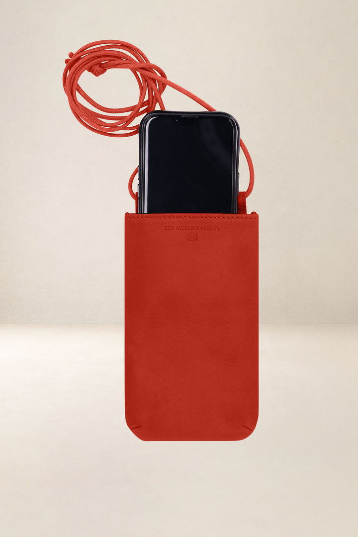 Porte-téléphone en cuir pleine fleur CIRCÉ coloris orange confit, vue intérieure n°2 – Ateliers Fourès