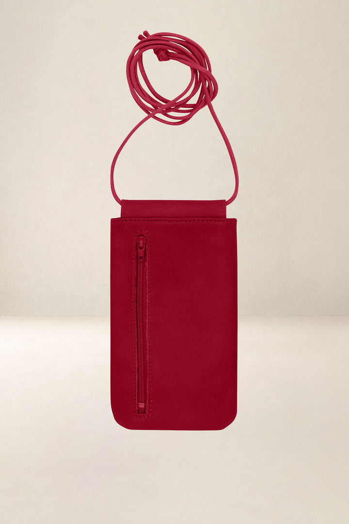 Porte-téléphone en cuir pleine fleur CIRCÉ coloris amour, vue de dos – Ateliers Fourès