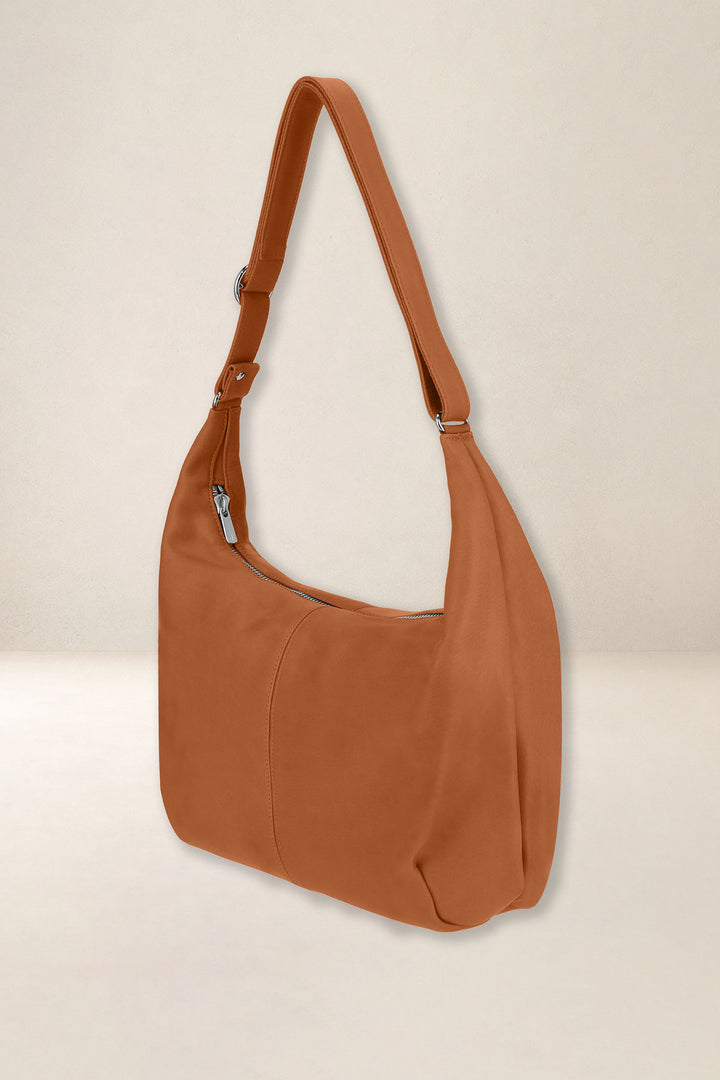 Sac à main en cuir pleine fleur LÉTO coloris lionne, vue de profil n°1 – Ateliers Fourès
