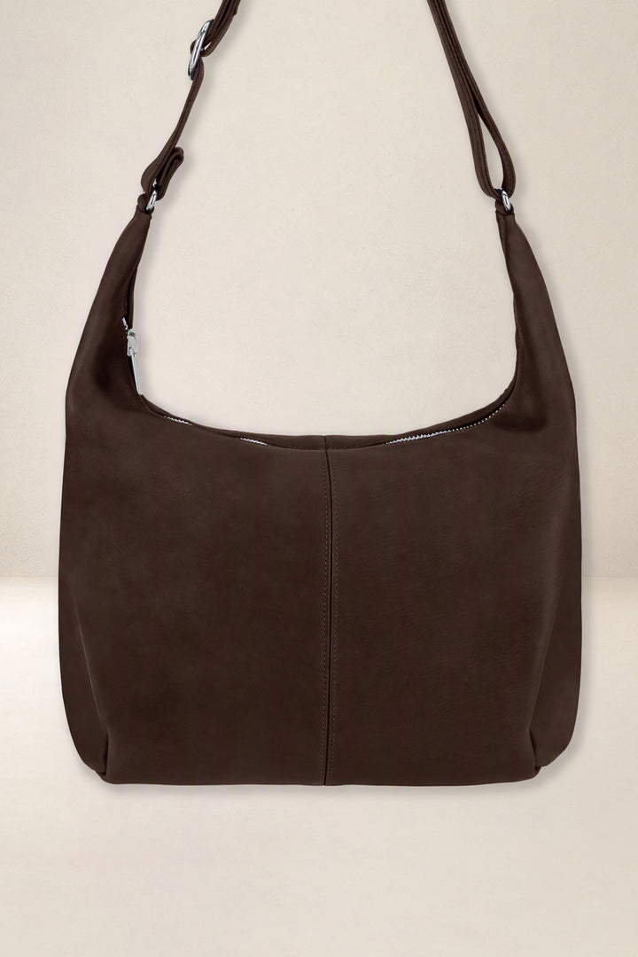 Sac à main en cuir pleine fleur LÉTO coloris chocolat, vue d’ensemble – Ateliers Fourès