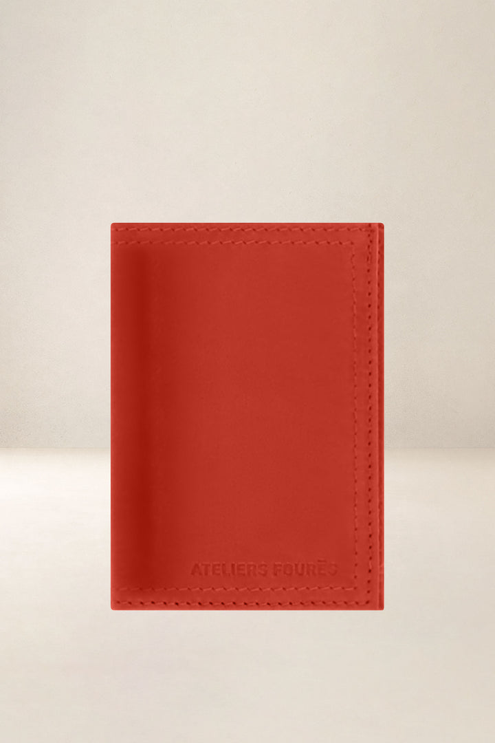 Portefeuille compact en cuir pleine fleur PLATON coloris orange, vue d’ensemble – Ateliers Fourès