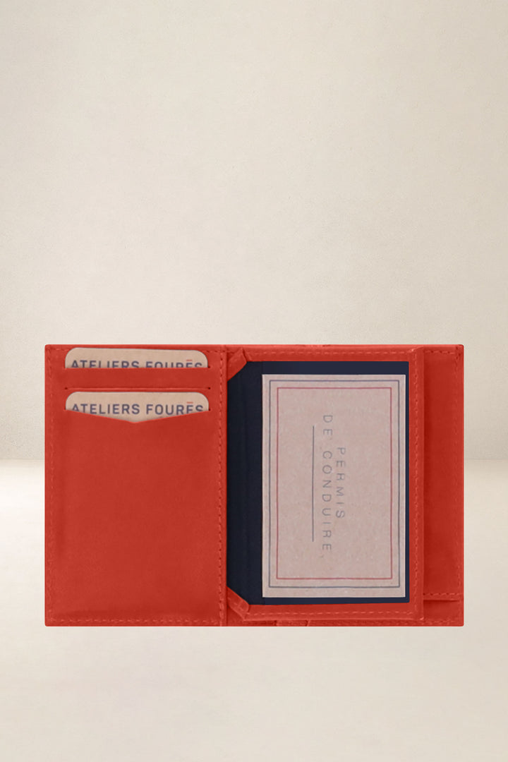 Portefeuille compact en cuir pleine fleur PLATON coloris orange, vue intérieure n°1 – Ateliers Fourès