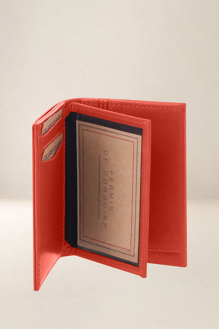 Portefeuille compact en cuir pleine fleur PLATON coloris orange, vue intérieure n°3 – Ateliers Fourès