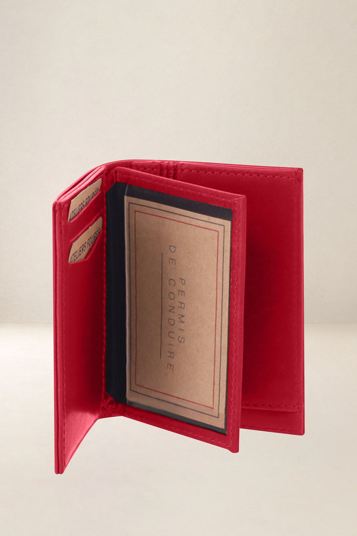 Portefeuille compact en cuir pleine fleur PLATON coloris carmen, vue intérieure n°3 – Ateliers Fourès