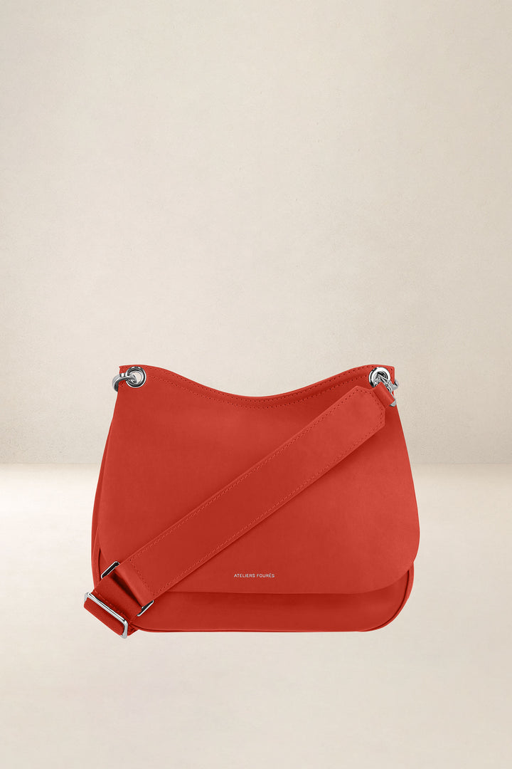 Mini sac en cuir pleine fleur APHRODITE coloris orange, vue d’ensemble – Ateliers Fourès