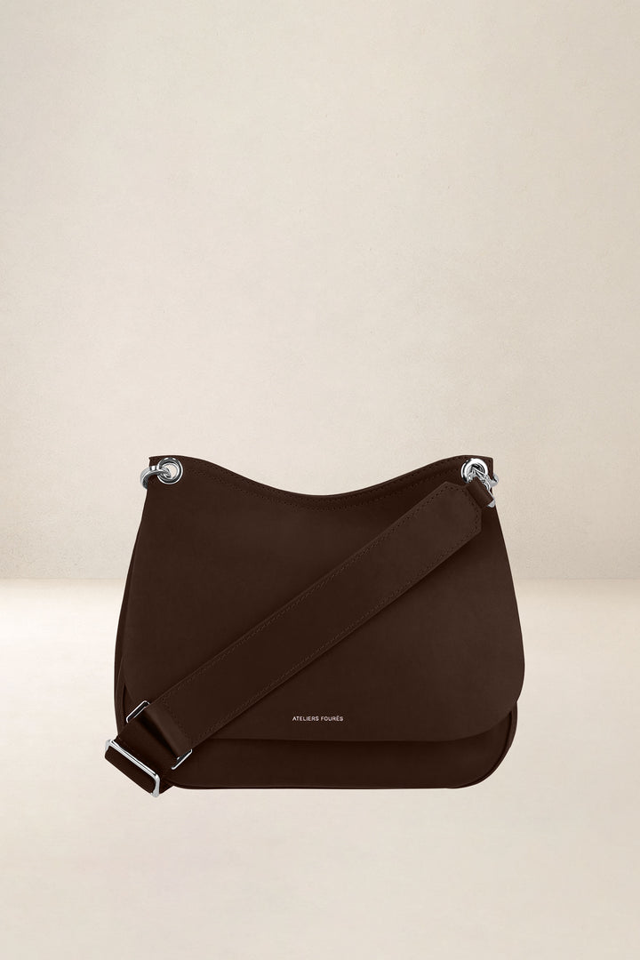 Mini sac en cuir pleine fleur APHRODITE coloris cafe, vue d’ensemble – Ateliers Fourès