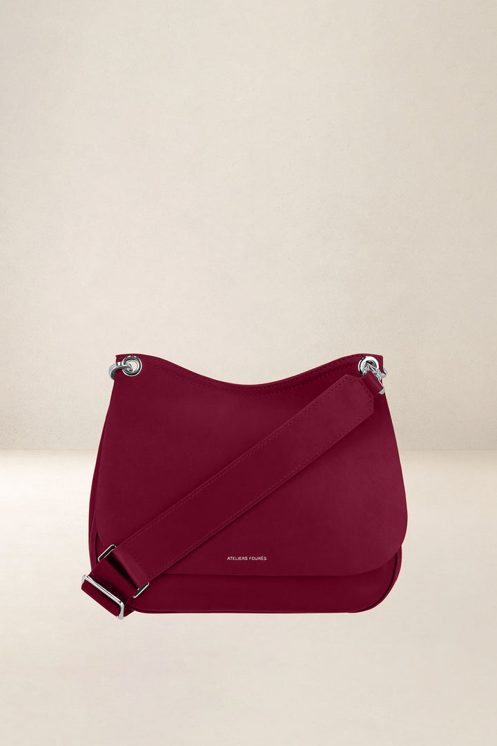 Mini sac en cuir pleine fleur APHRODITE coloris pourpre, vue d’ensemble – Ateliers Fourès