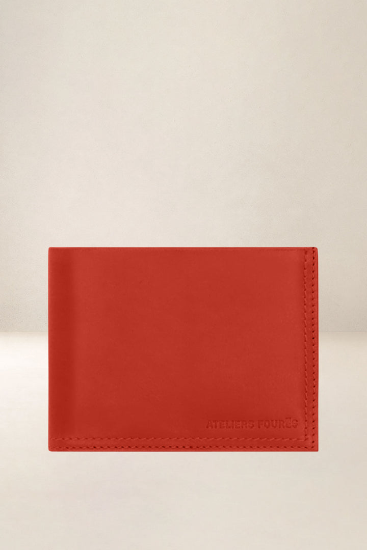 Portefeuille medium en cuir pleine fleur PLATON coloris orange, vue d’ensemble – Ateliers Fourès