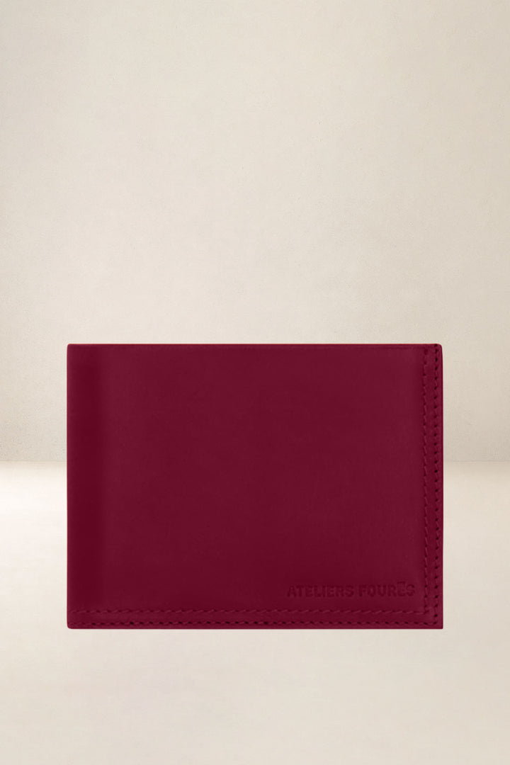 Portefeuille medium en cuir pleine fleur PLATON coloris pourpre, vue d’ensemble – Ateliers Fourès