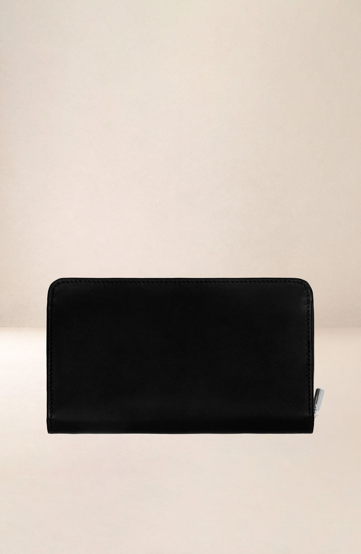 Grand portefeuille en cuir pleine fleur PERSÉPHONE coloris noir, vue de dos – Ateliers Fourès