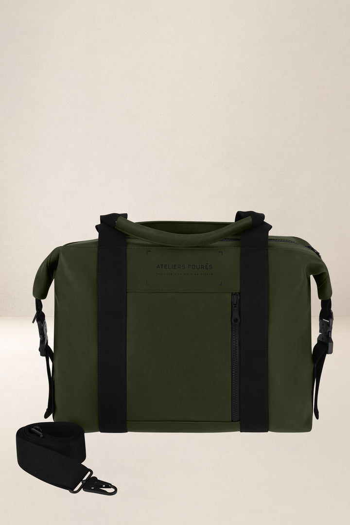 Sac de travail en cuir pleine fleur SOCRATE coloris kaki, vue de face – Ateliers Fourès