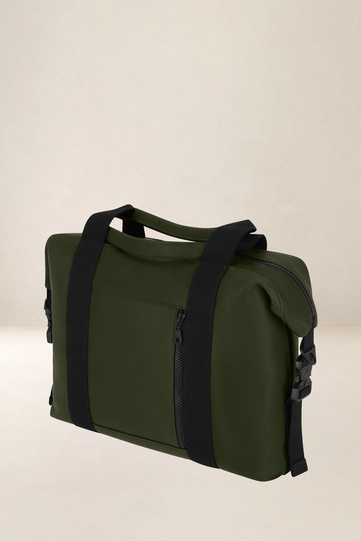 Sac de travail en cuir pleine fleur SOCRATE coloris kaki, vue de profil n°2 – Ateliers Fourès