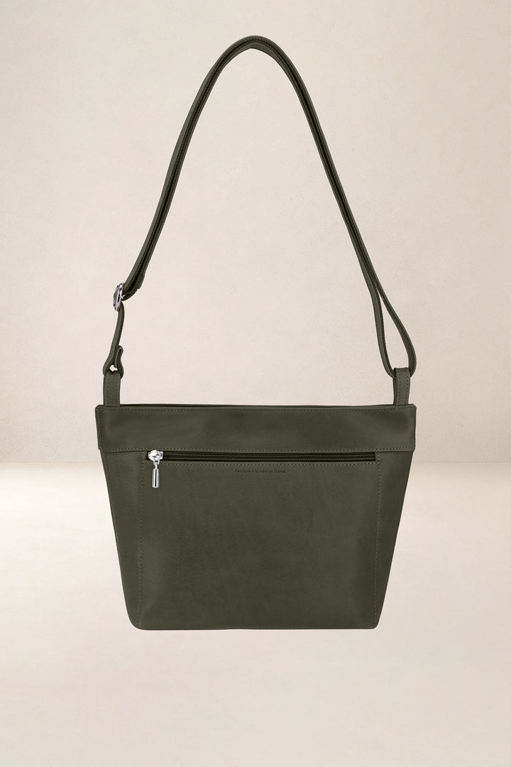 Sac seau en cuir pleine fleur PANDORE coloris kaki, vue de dos – Ateliers Fourès