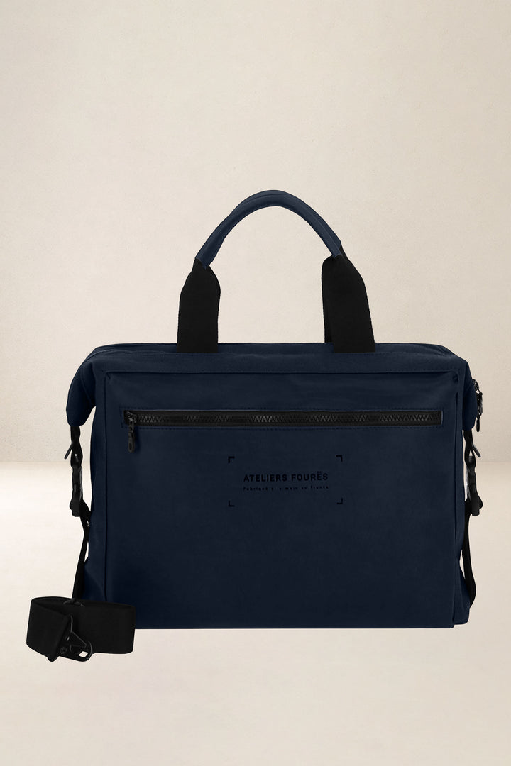 Sac de travail en cuir pleine fleur ARISTOTE coloris minuit, vue de face – Ateliers Fourès