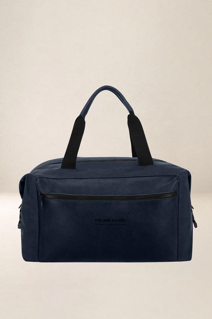 Sac de voyage en cuir pleine fleur ARISTOTE coloris minuit, vue de face – Ateliers Fourès